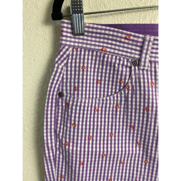 Liz Claiborne Women Cropped Pants Purple Gingham Plaid Floral Embroidered Size 8 - Picture 15 of 15